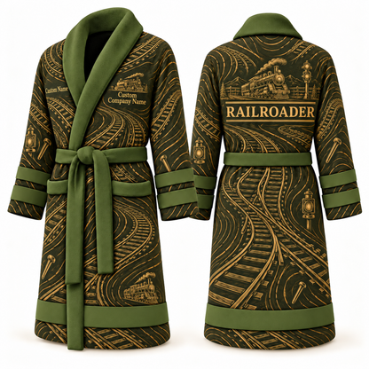 Personalized Railroader Bathrobe - Contour Lines olive front and back view