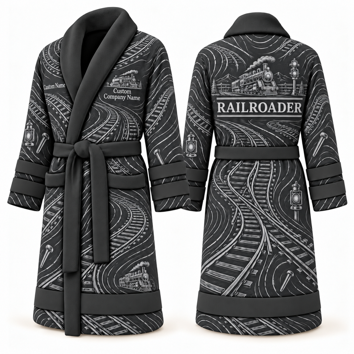Personalized Railroader Bathrobe - Contour Lines slate front and back view