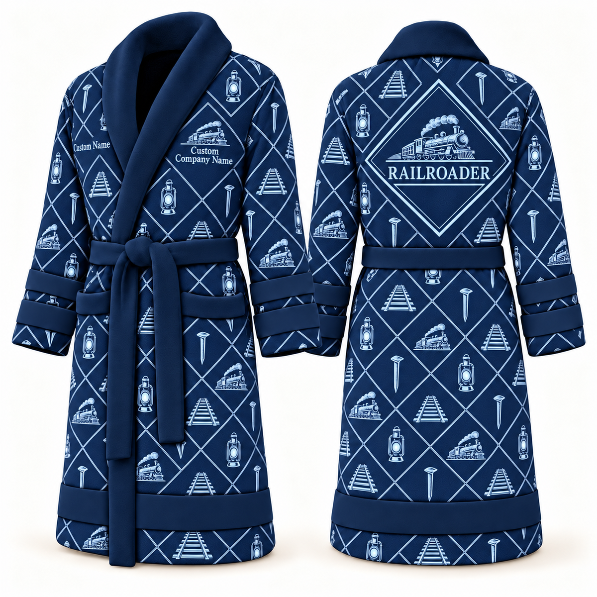 Personalized Railroader Bathrobe - Diamond Emblems blue front and back view
