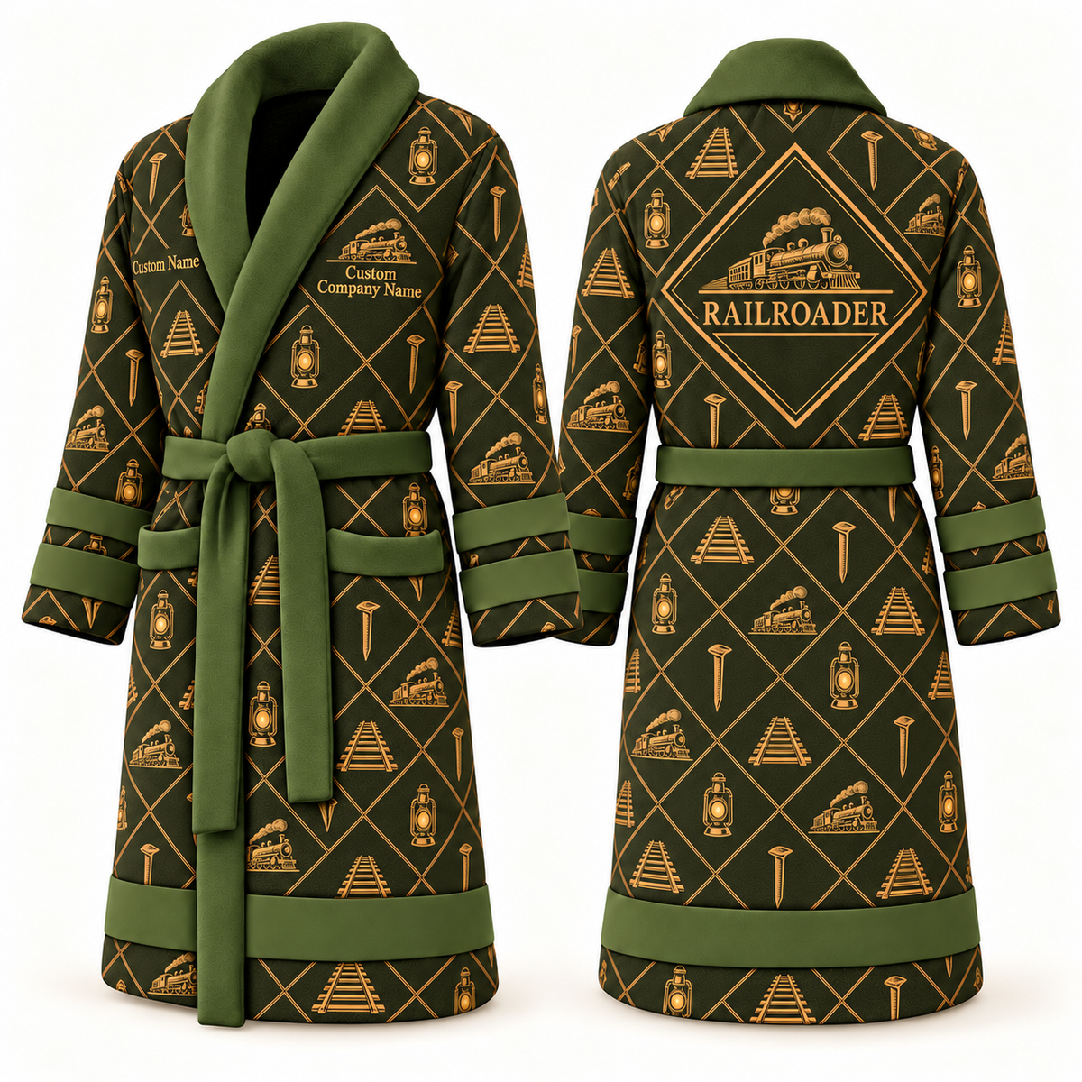 Personalized Railroader Bathrobe - Diamond Emblems olive front and back view