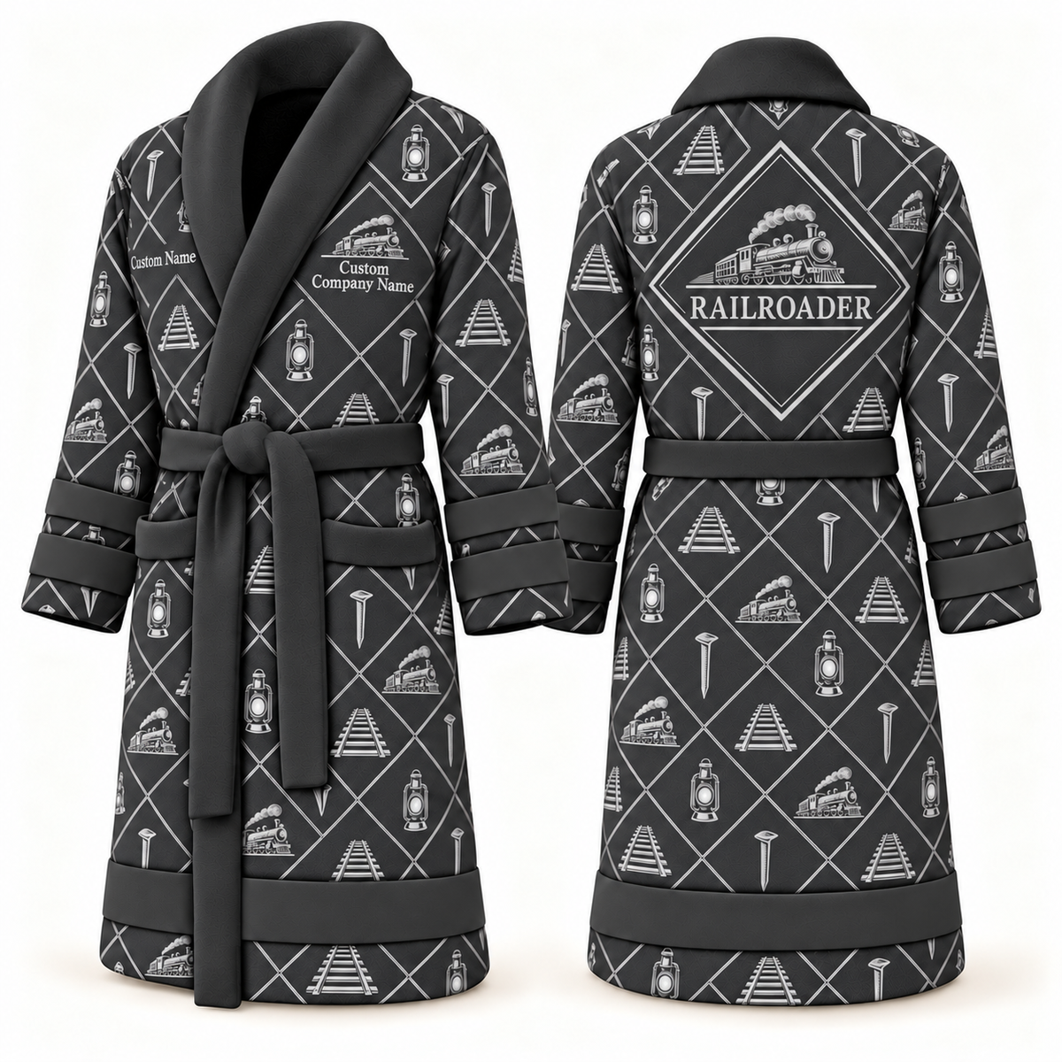 Personalized Railroader Bathrobe - Diamond Emblems slate front and back view