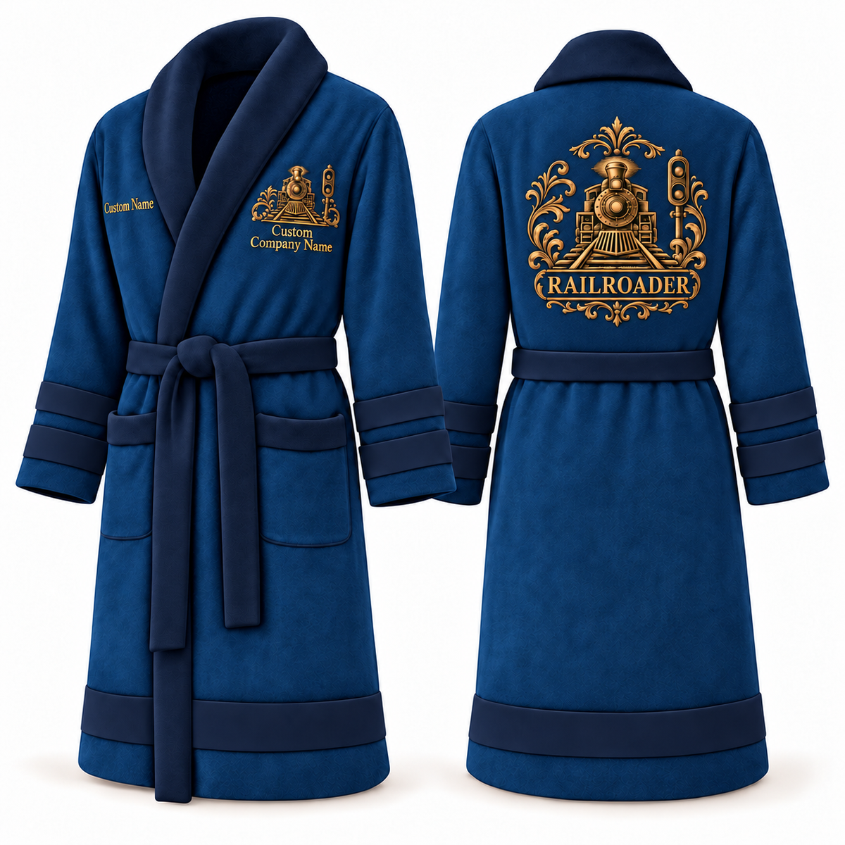Personalized Railroader Bathrobe - Heritage Crest blue front and back view
