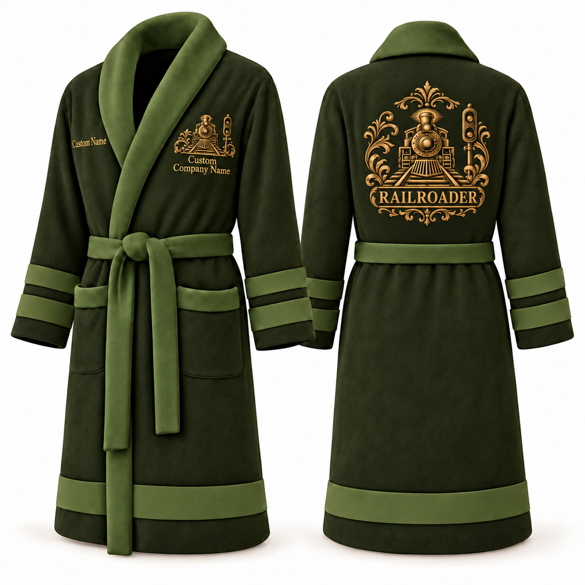 Personalized Railroader Bathrobe - Heritage Crest olive front and back view