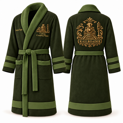 Personalized Railroader Bathrobe - Heritage Crest olive front and back view