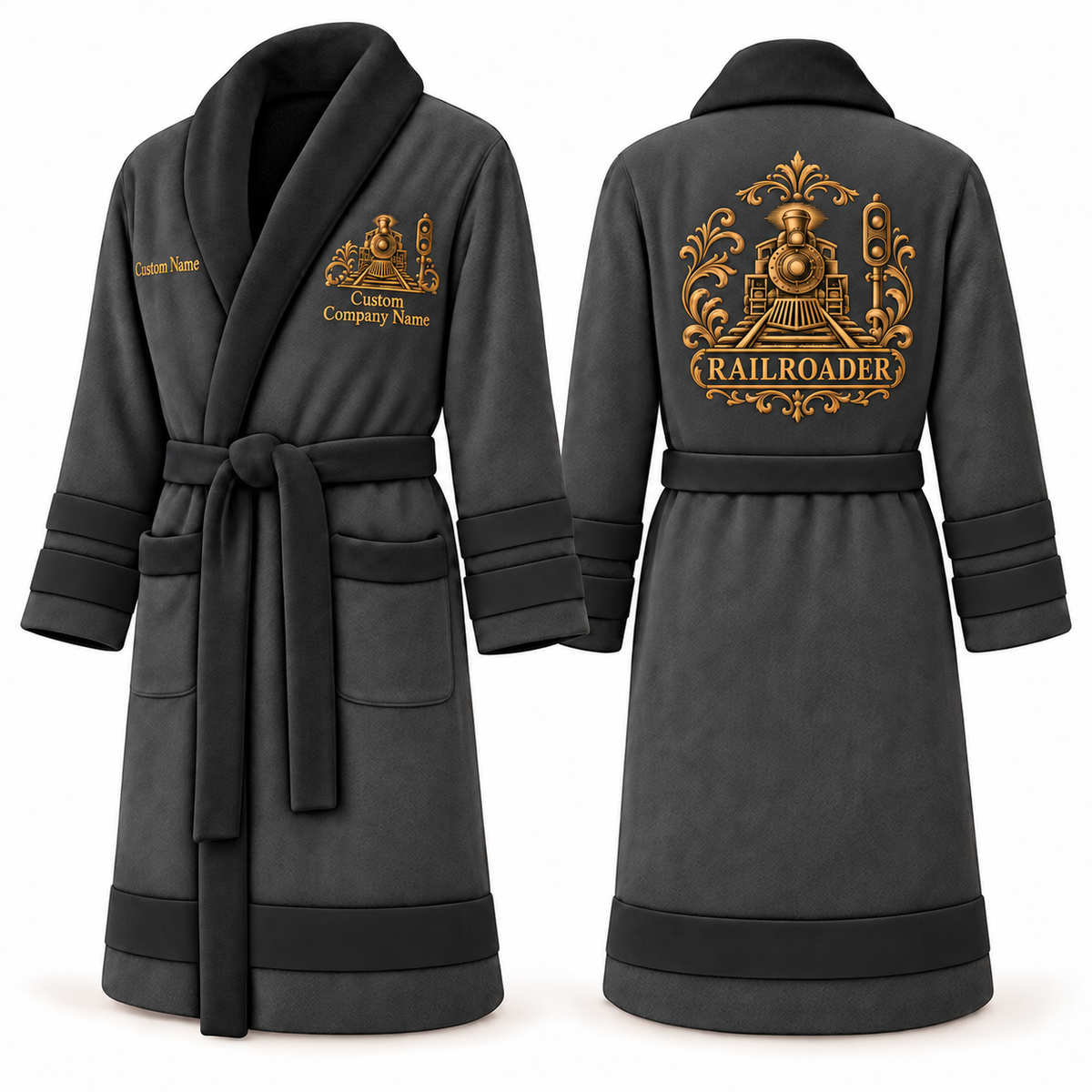 Personalized Railroader Bathrobe - Heritage Crest slate front and back view