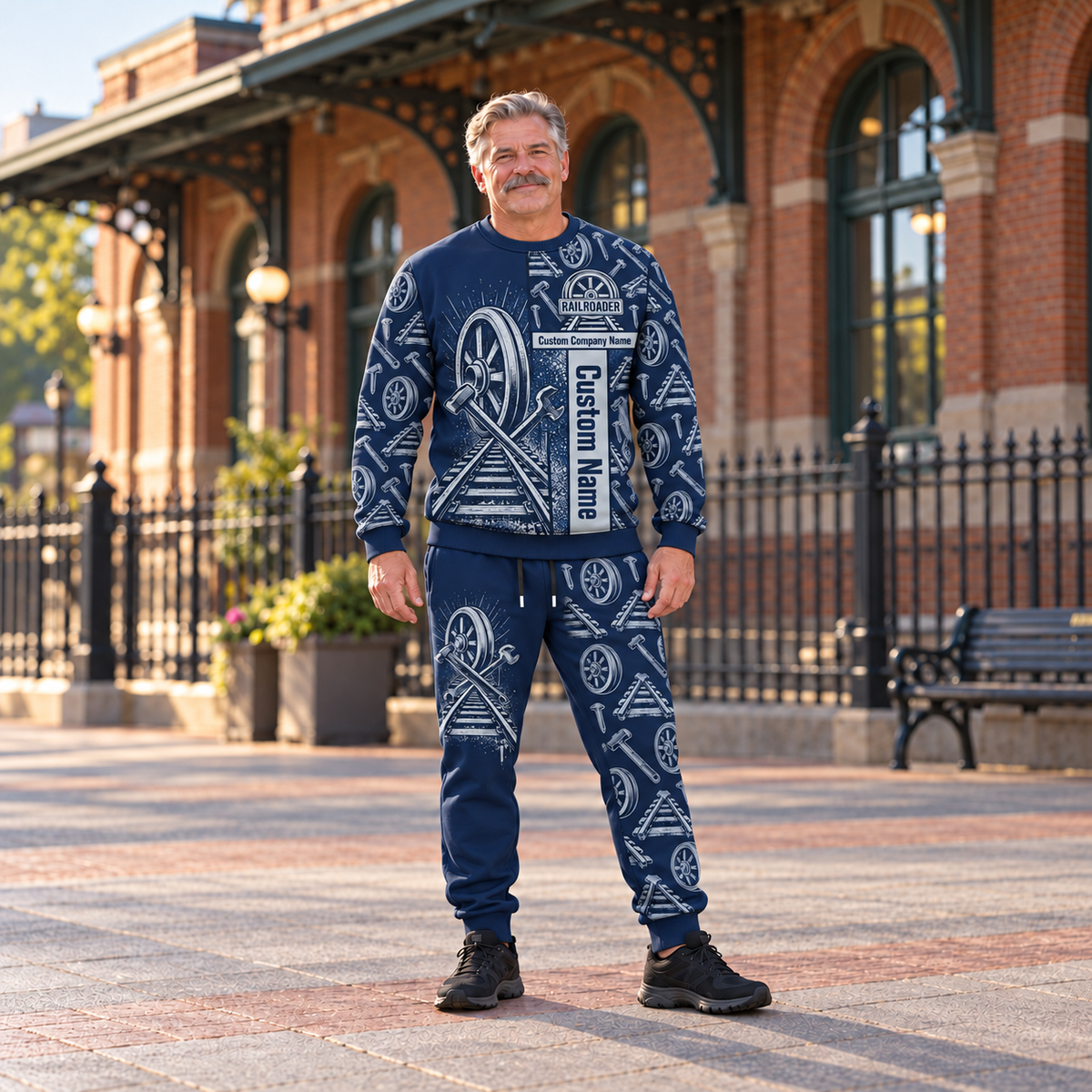 railroader occupation-themed sweater and jogger combo on a model with name and company artwork