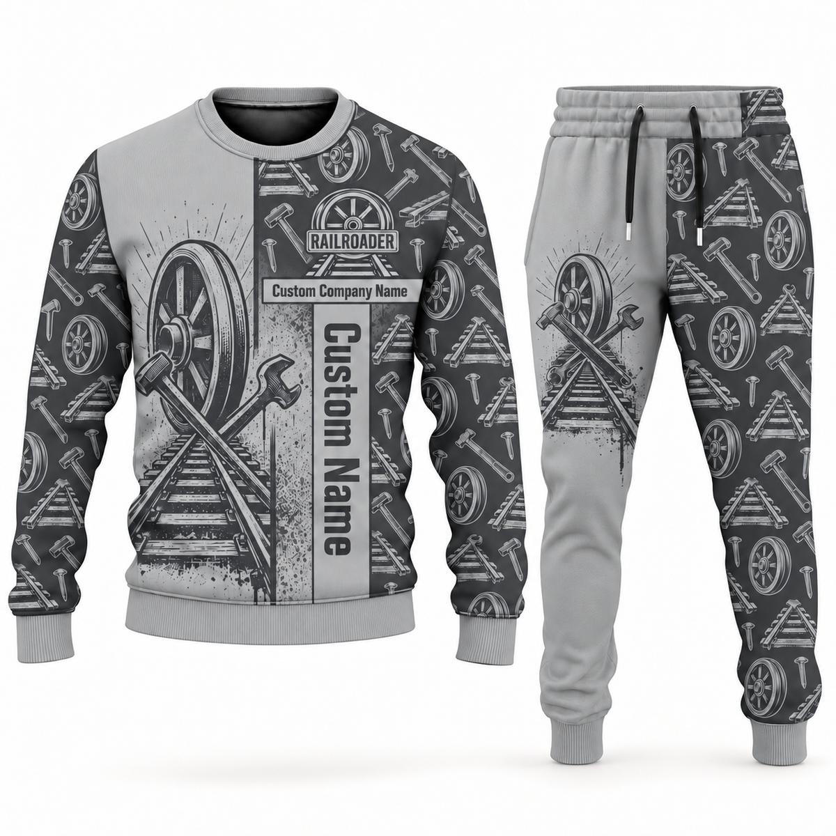 railroader occupation-themed sweater and jogger combo lightgray color with name and company artwork