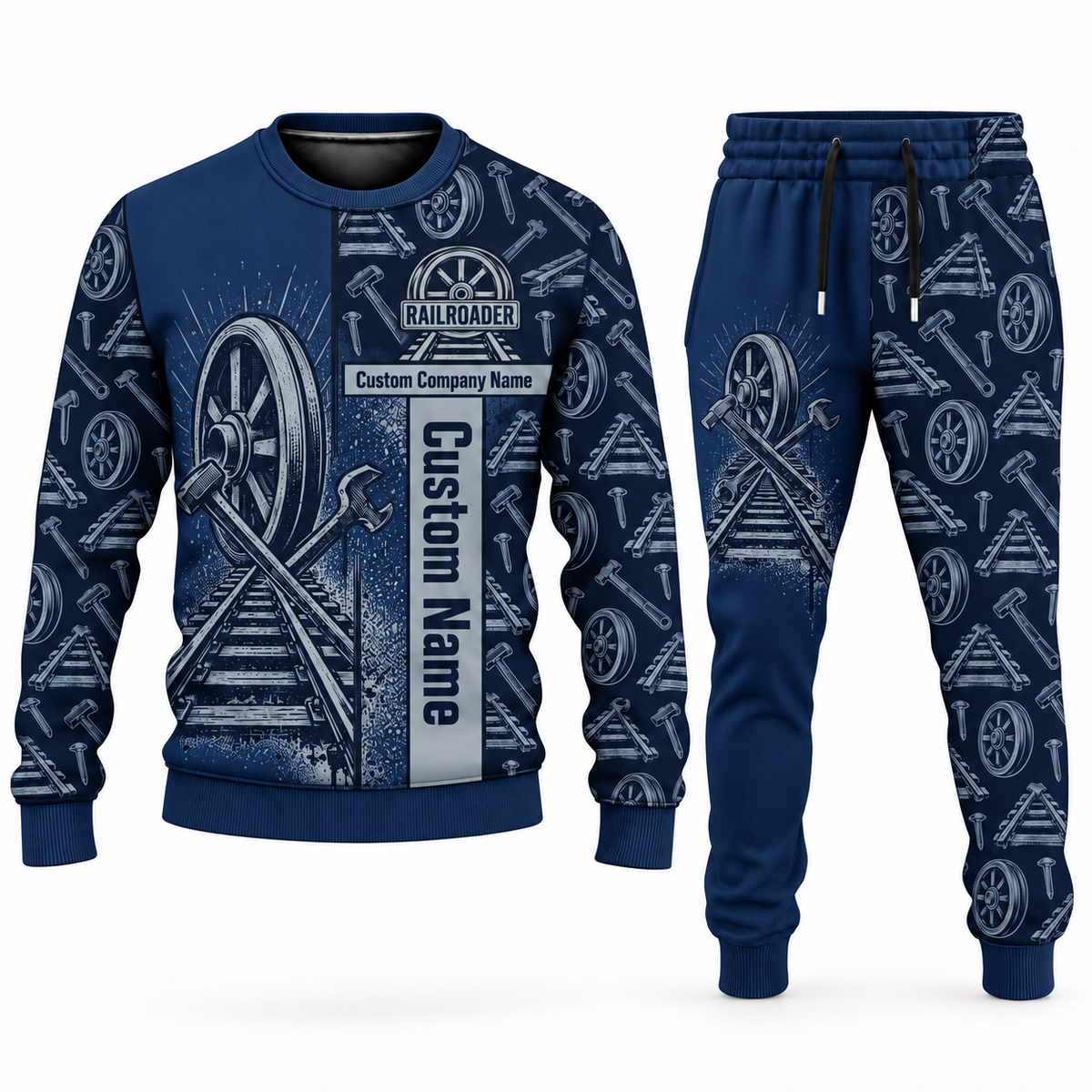 railroader occupation-themed sweater and jogger combo navy color with name and company artwork