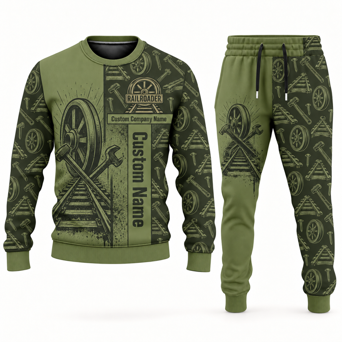 railroader occupation-themed sweater and jogger combo olive color with name and company artwork