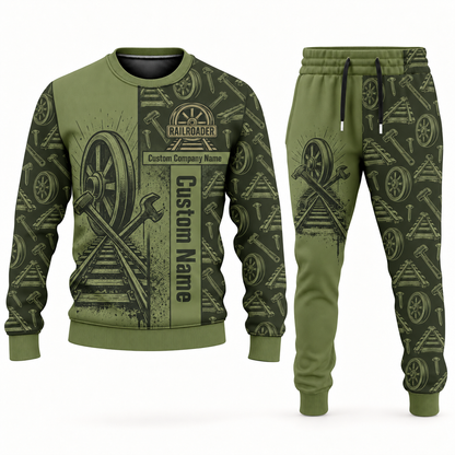 railroader occupation-themed sweater and jogger combo olive color with name and company artwork