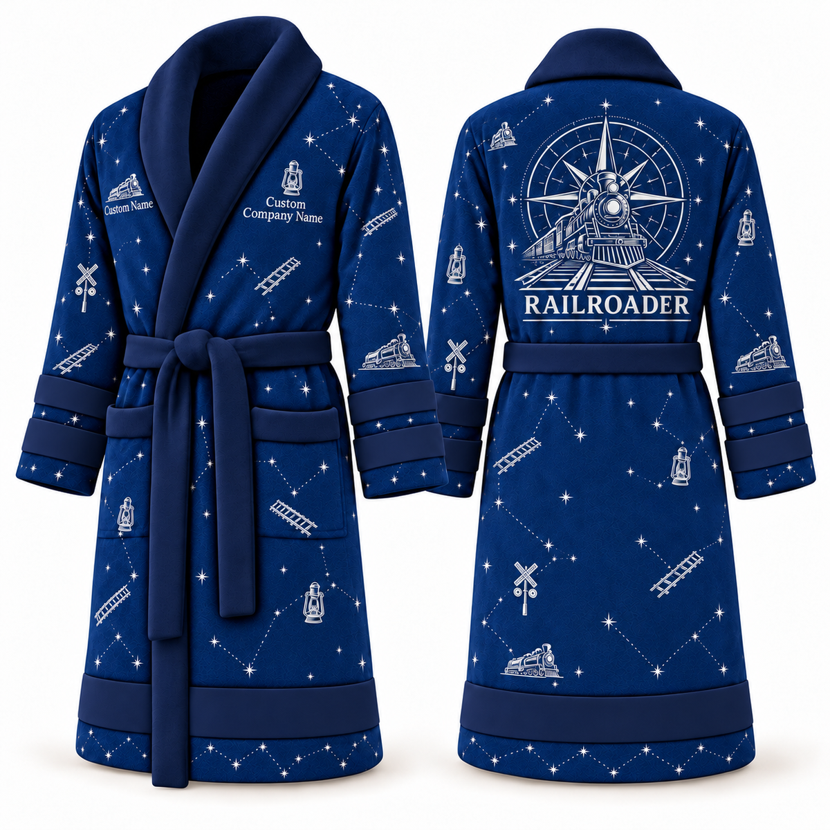 Personalized Railroader Bathrobe - Night Shift blue front and back view