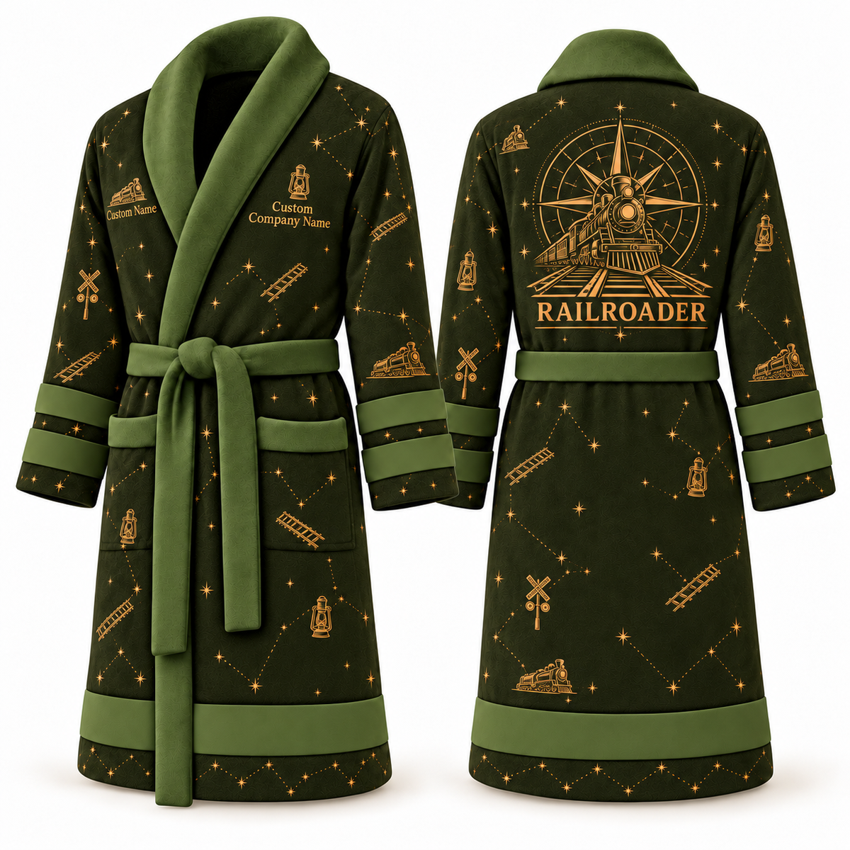 Personalized Railroader Bathrobe - Night Shift olive front and back view