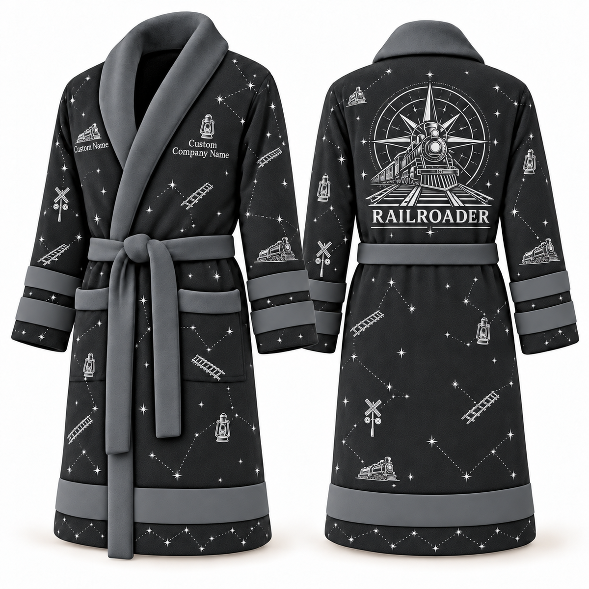 Personalized Railroader Bathrobe - Night Shift slate front and back view