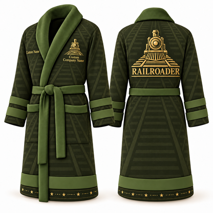 Personalized Railroader Bathrobe - Signature Silhouette olive front and back view