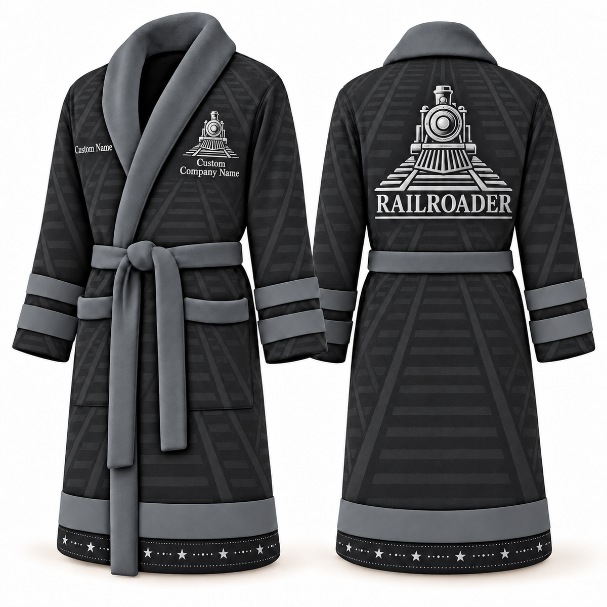 Personalized Railroader Bathrobe - Signature Silhouette slate front and back view