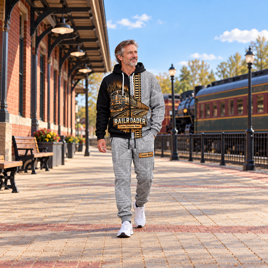 railroader full-zip hoodie and matching joggers - adult male lifestyle