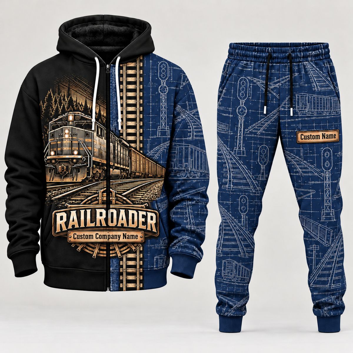 railroader full-zip hoodie and matching joggers - navy catalog view