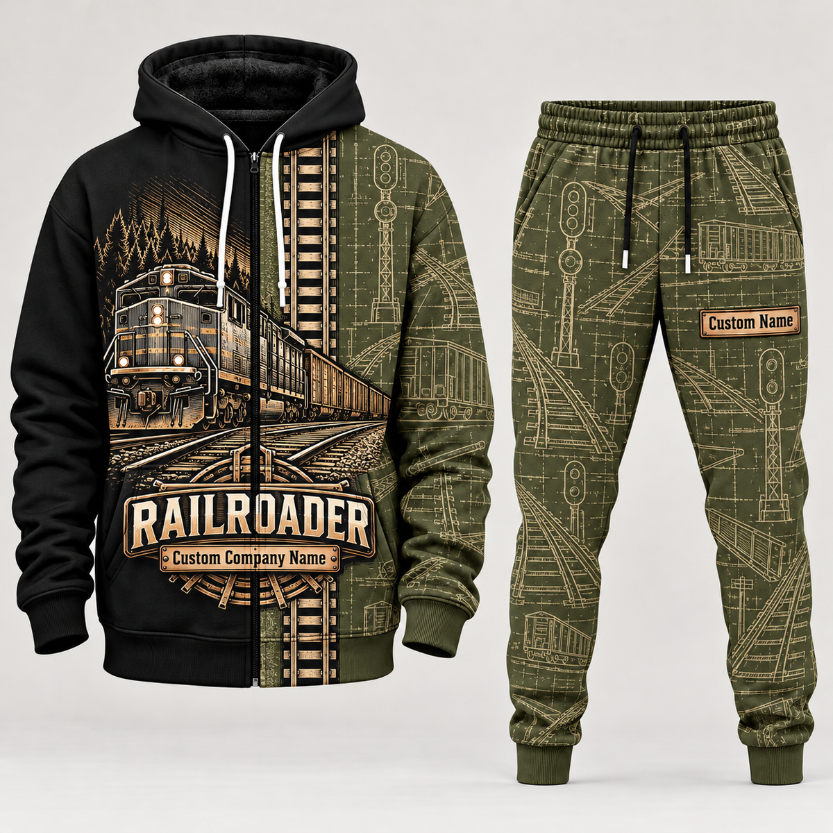 railroader full-zip hoodie and matching joggers - olive catalog view