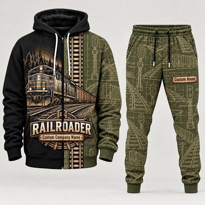 railroader full-zip hoodie and matching joggers - olive catalog view