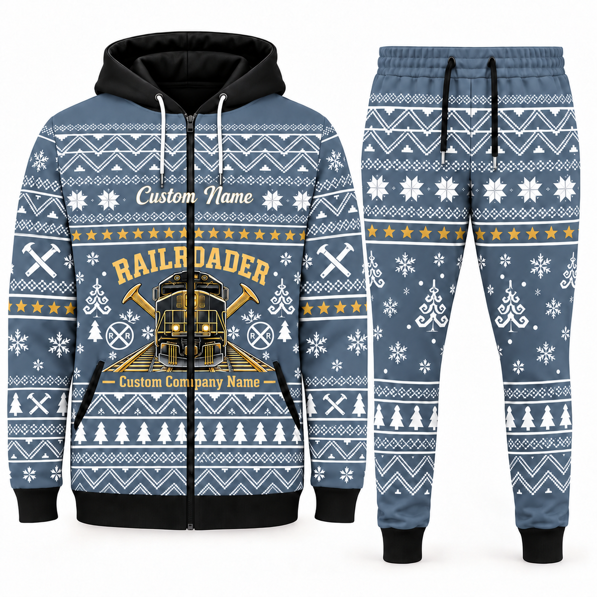 railroader blue-gray Winter Snowflake full-zip hoodie and jogger combo with Custom Name and Custom Company Name