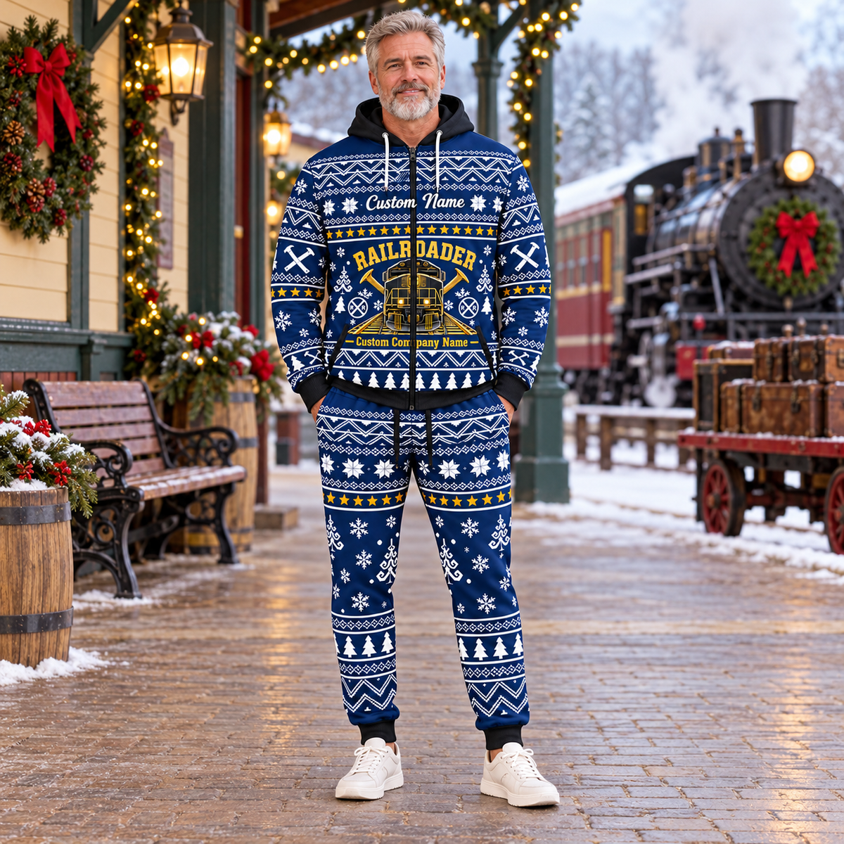 railroader hero Winter Snowflake full-zip hoodie and jogger combo with Custom Name and Custom Company Name