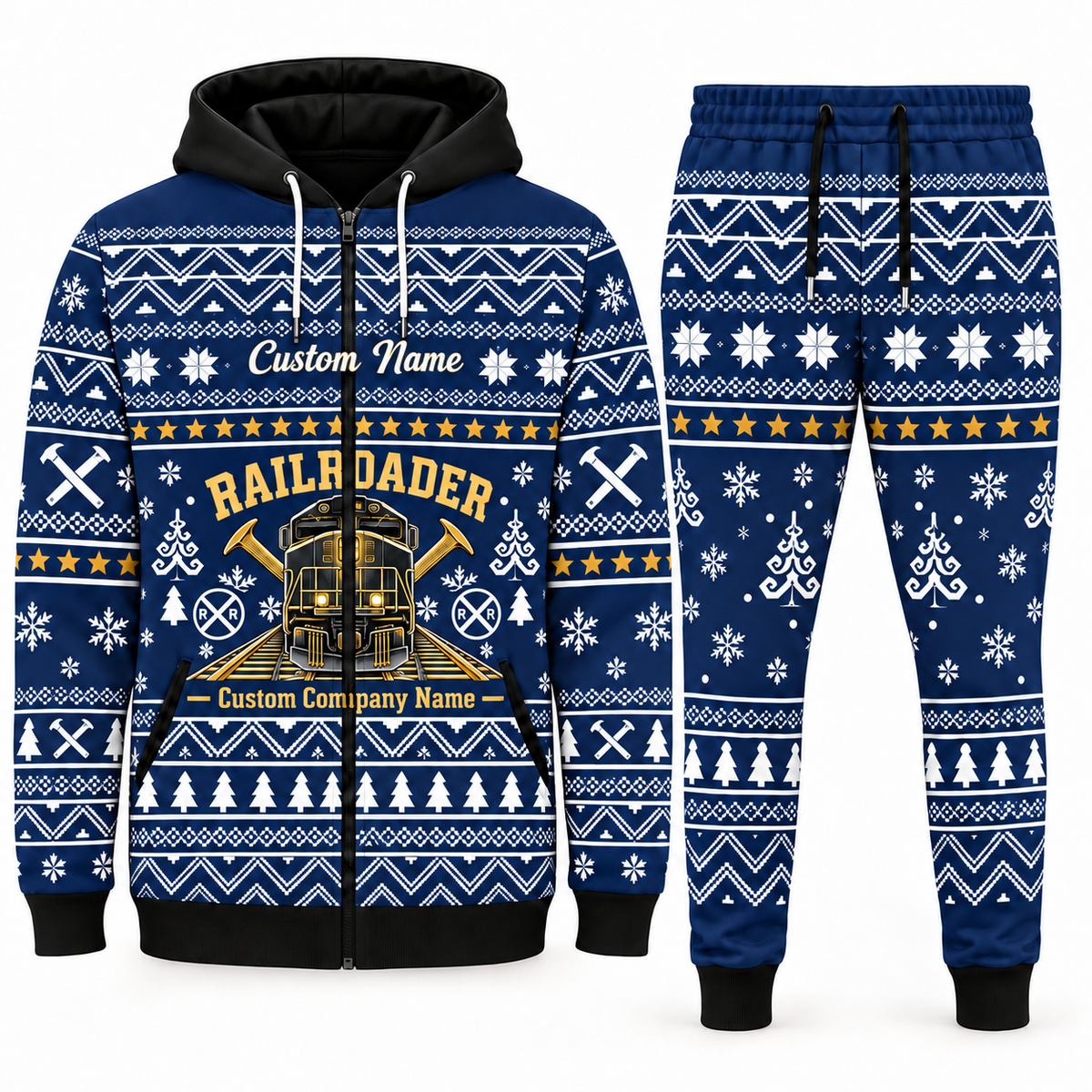 railroader navy Winter Snowflake full-zip hoodie and jogger combo with Custom Name and Custom Company Name