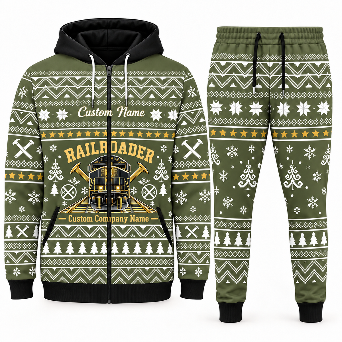 railroader olive Winter Snowflake full-zip hoodie and jogger combo with Custom Name and Custom Company Name