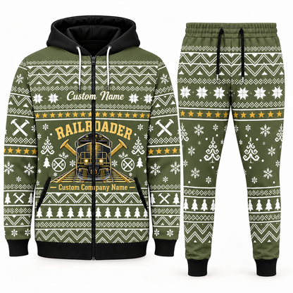 railroader olive Winter Snowflake full-zip hoodie and jogger combo with Custom Name and Custom Company Name