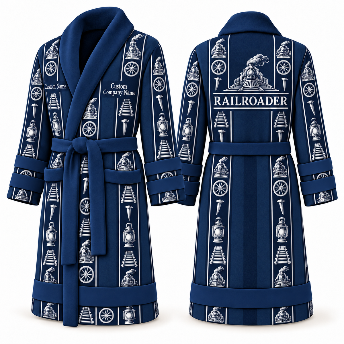 Personalized Railroader Bathrobe - Workbench Stripes blue front and back view
