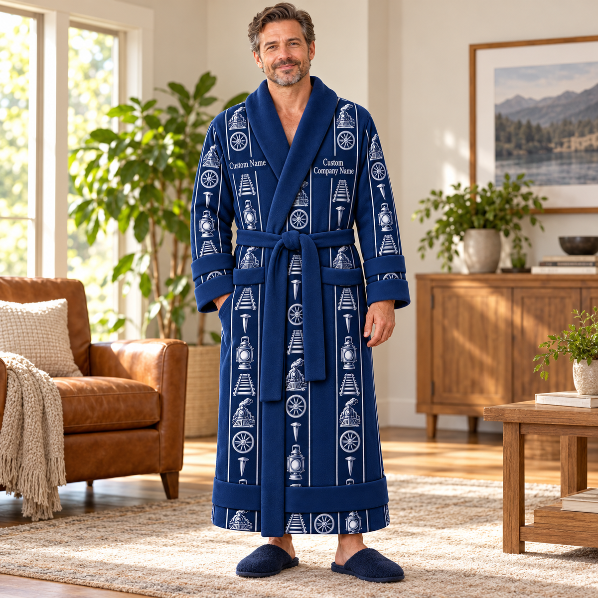 Personalized Railroader Bathrobe - Workbench Stripes lifestyle view
