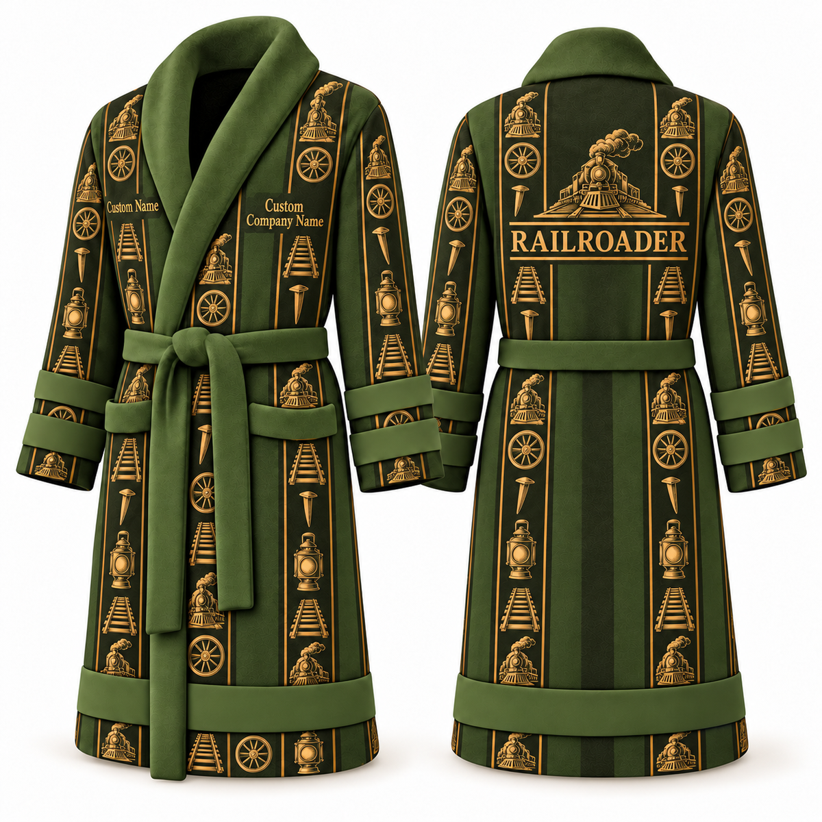 Personalized Railroader Bathrobe - Workbench Stripes olive front and back view