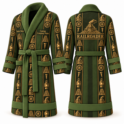 Personalized Railroader Bathrobe - Workbench Stripes olive front and back view