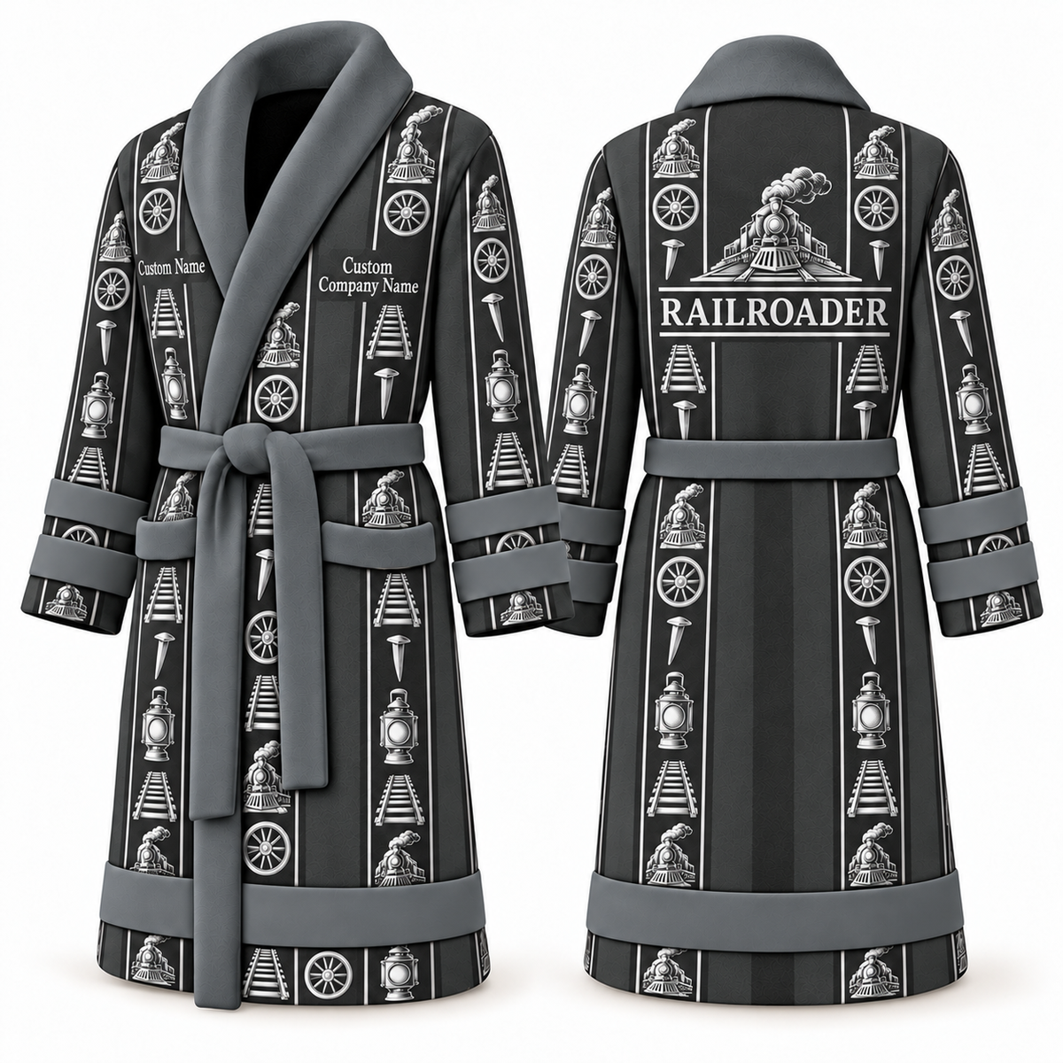 Personalized Railroader Bathrobe - Workbench Stripes slate front and back view