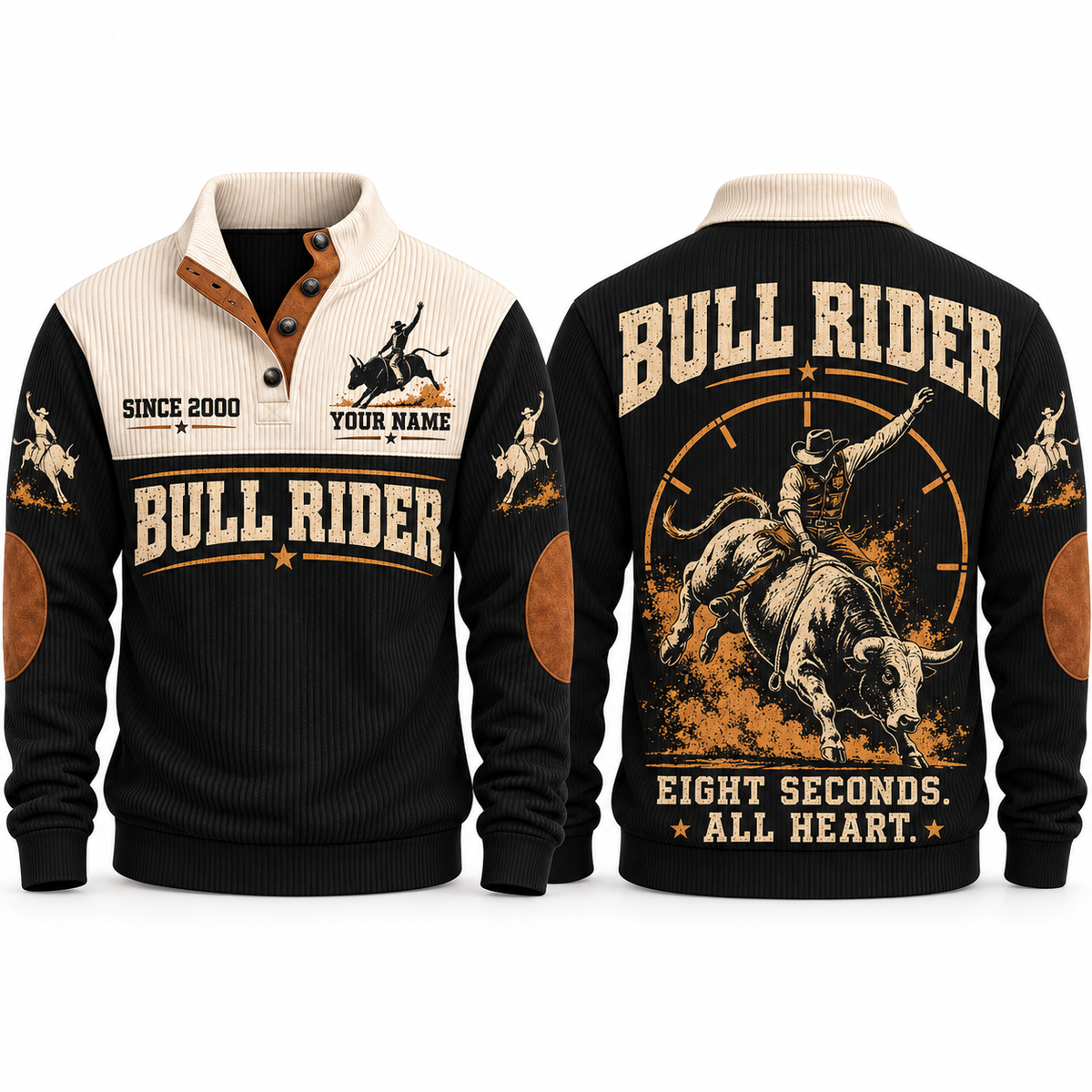 Eight Seconds. All Heart. personalized bull riding rodeo sports sweatshirt in Black – RDO01