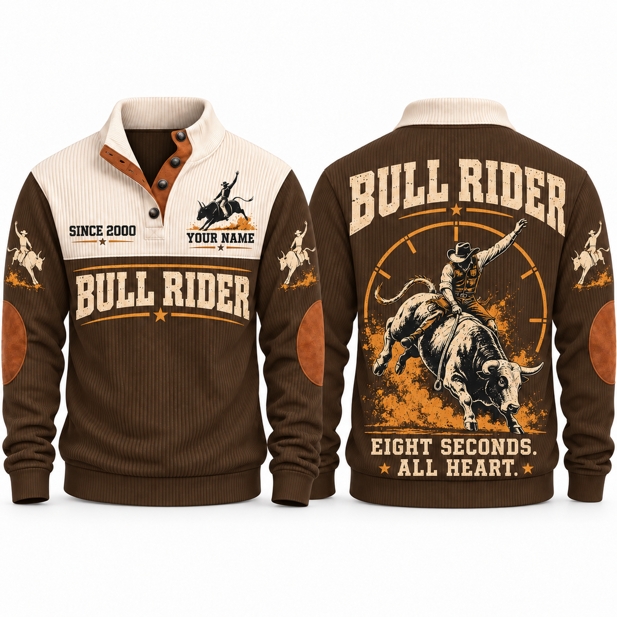 Eight Seconds. All Heart. personalized bull riding rodeo sports sweatshirt in Brown – RDO01