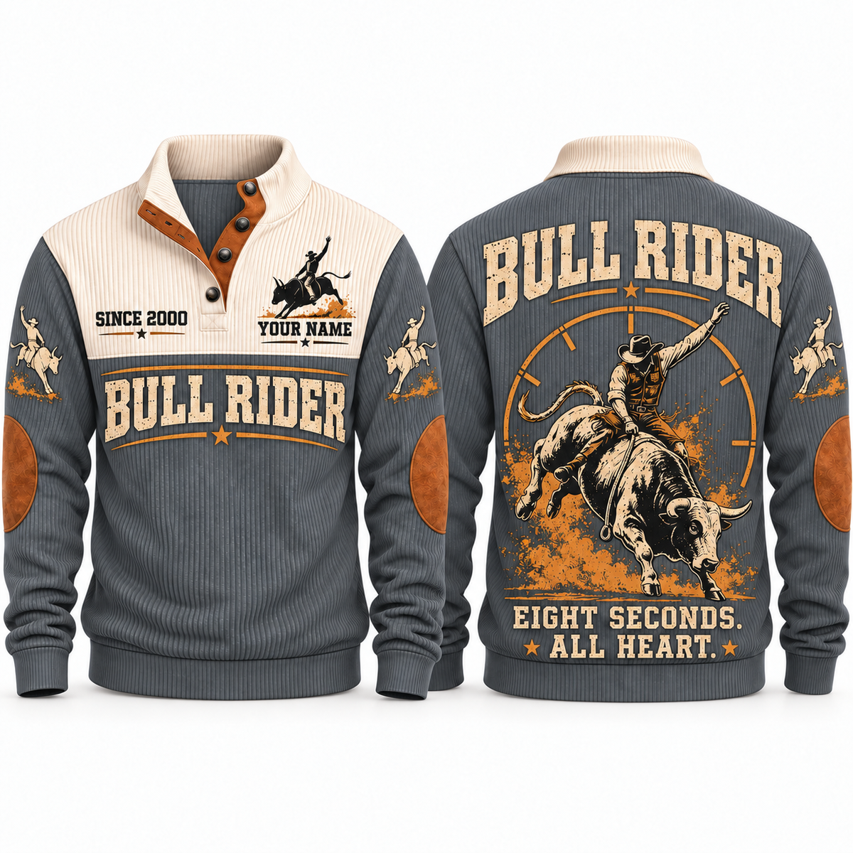 Eight Seconds. All Heart. personalized bull riding rodeo sports sweatshirt in Grey – RDO01