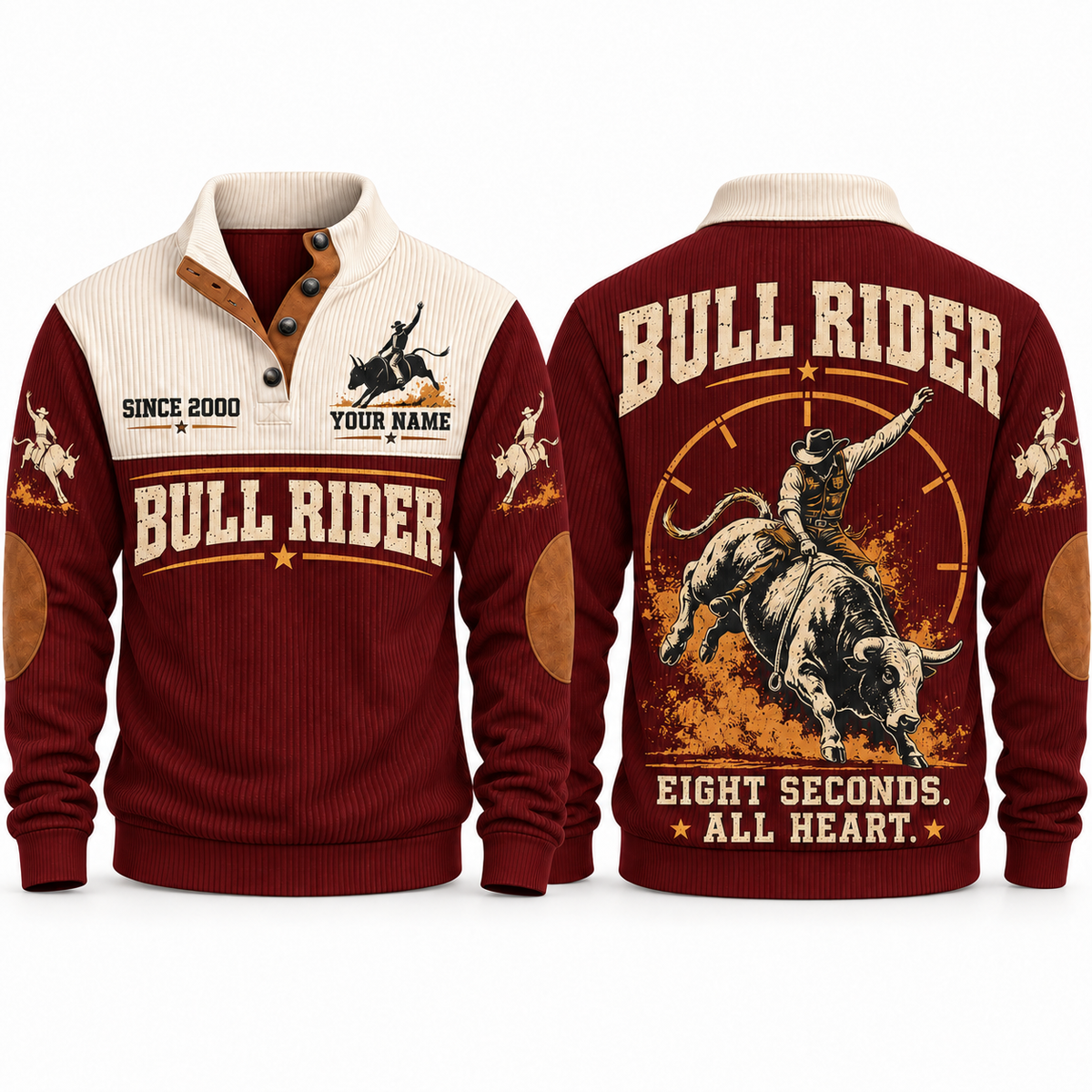 Eight Seconds. All Heart. personalized bull riding rodeo sports sweatshirt in Jujube Red – RDO01