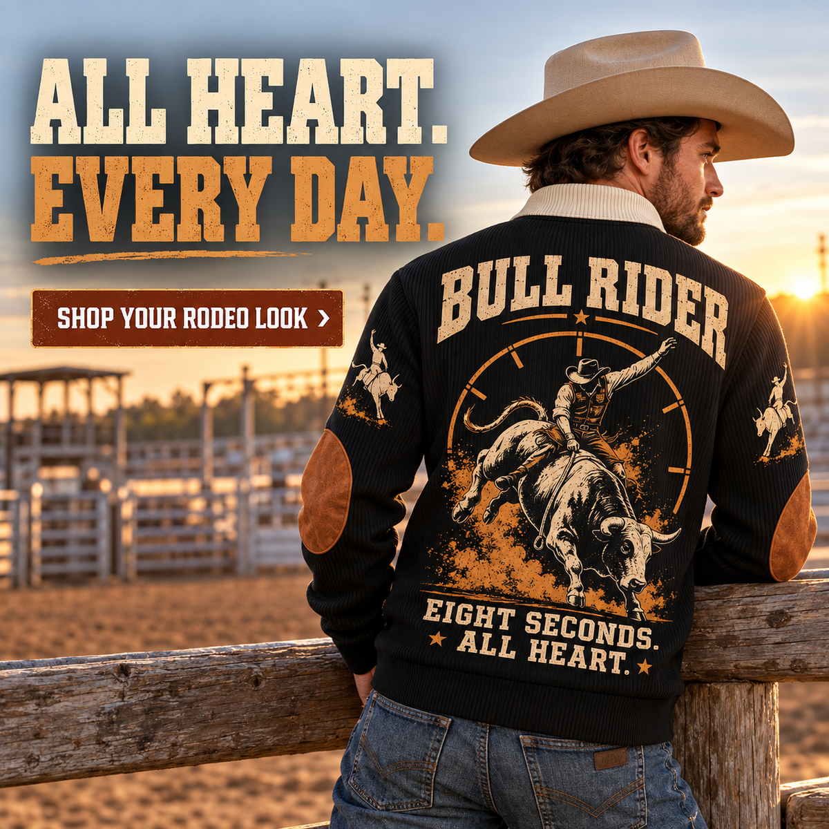 Eight Seconds. All Heart. | Bull Riding / Rodeo Personalized Sports Sweatshirt lifestyle mockup in Black