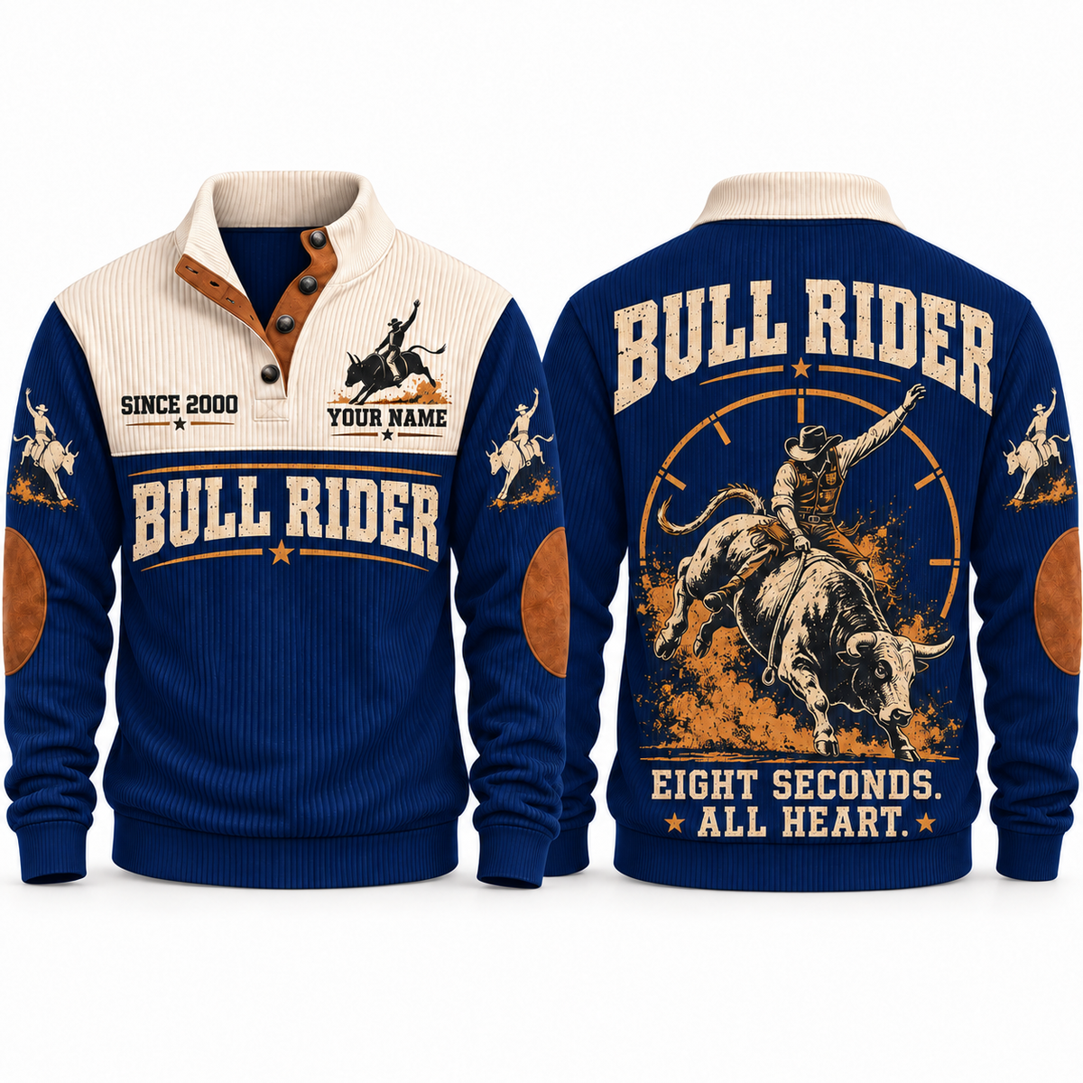 Eight Seconds. All Heart. personalized bull riding rodeo sports sweatshirt in Navy – RDO01
