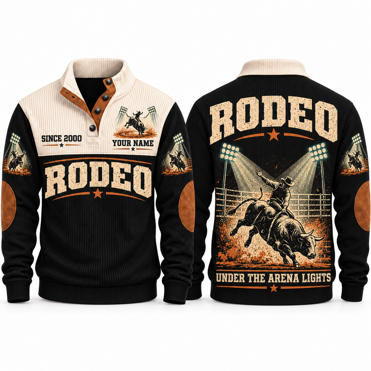 Under the Arena Lights personalized bull riding rodeo sports sweatshirt in Black – RDO02