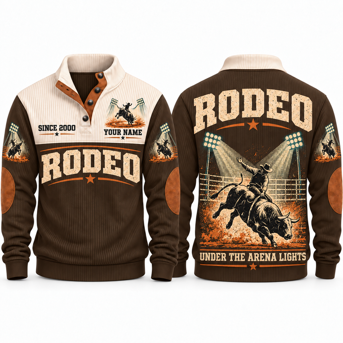 Under the Arena Lights personalized bull riding rodeo sports sweatshirt in Brown – RDO02