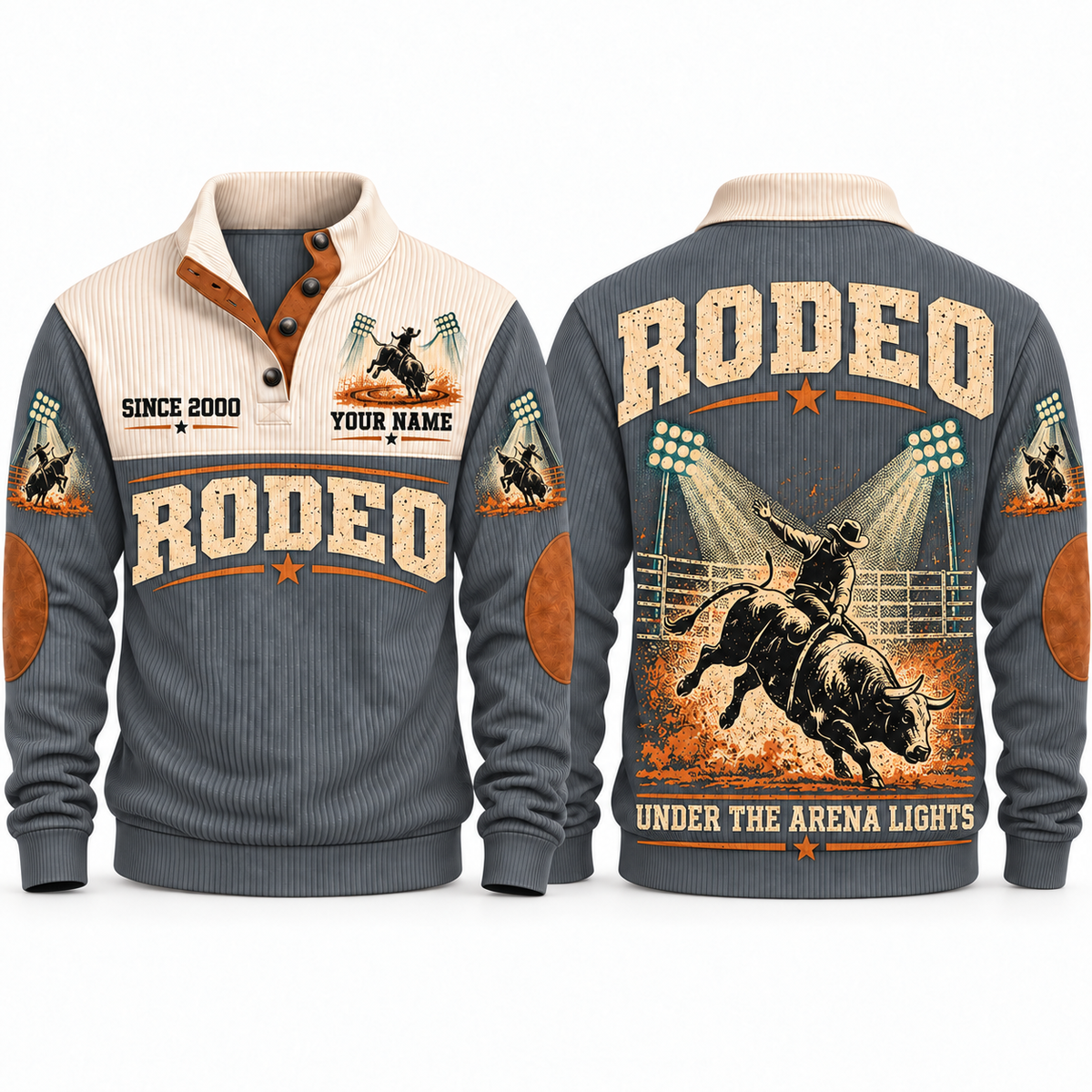 Under the Arena Lights personalized bull riding rodeo sports sweatshirt in Grey – RDO02
