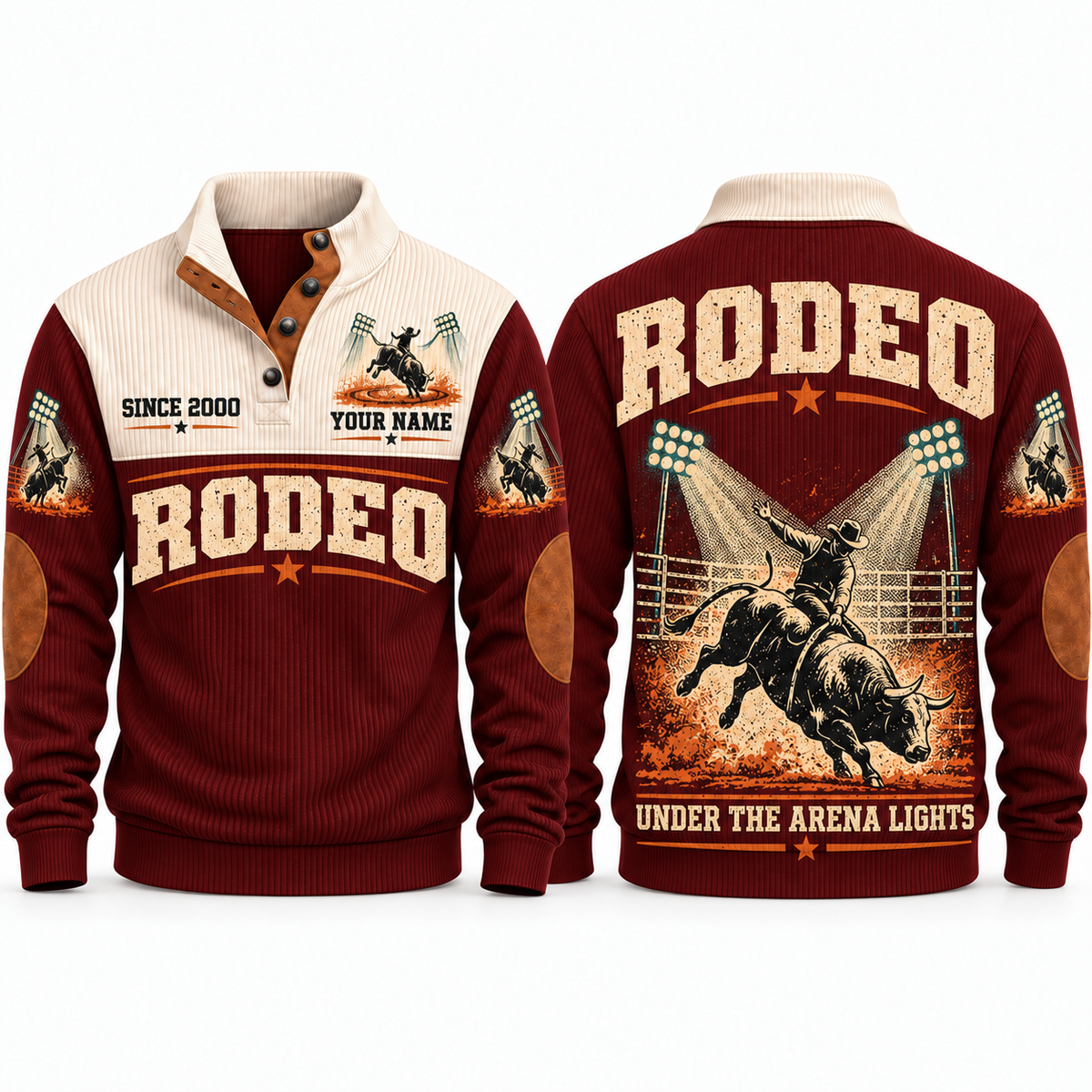 Under the Arena Lights personalized bull riding rodeo sports sweatshirt in Jujube Red – RDO02