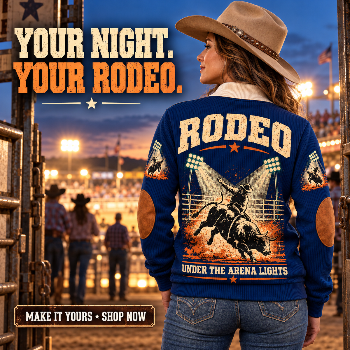 Under the Arena Lights | Bull Riding / Rodeo Personalized Sports Sweatshirt lifestyle mockup in Navy