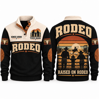 Raised on Rodeo personalized bull riding rodeo sports sweatshirt in Black – RDO03
