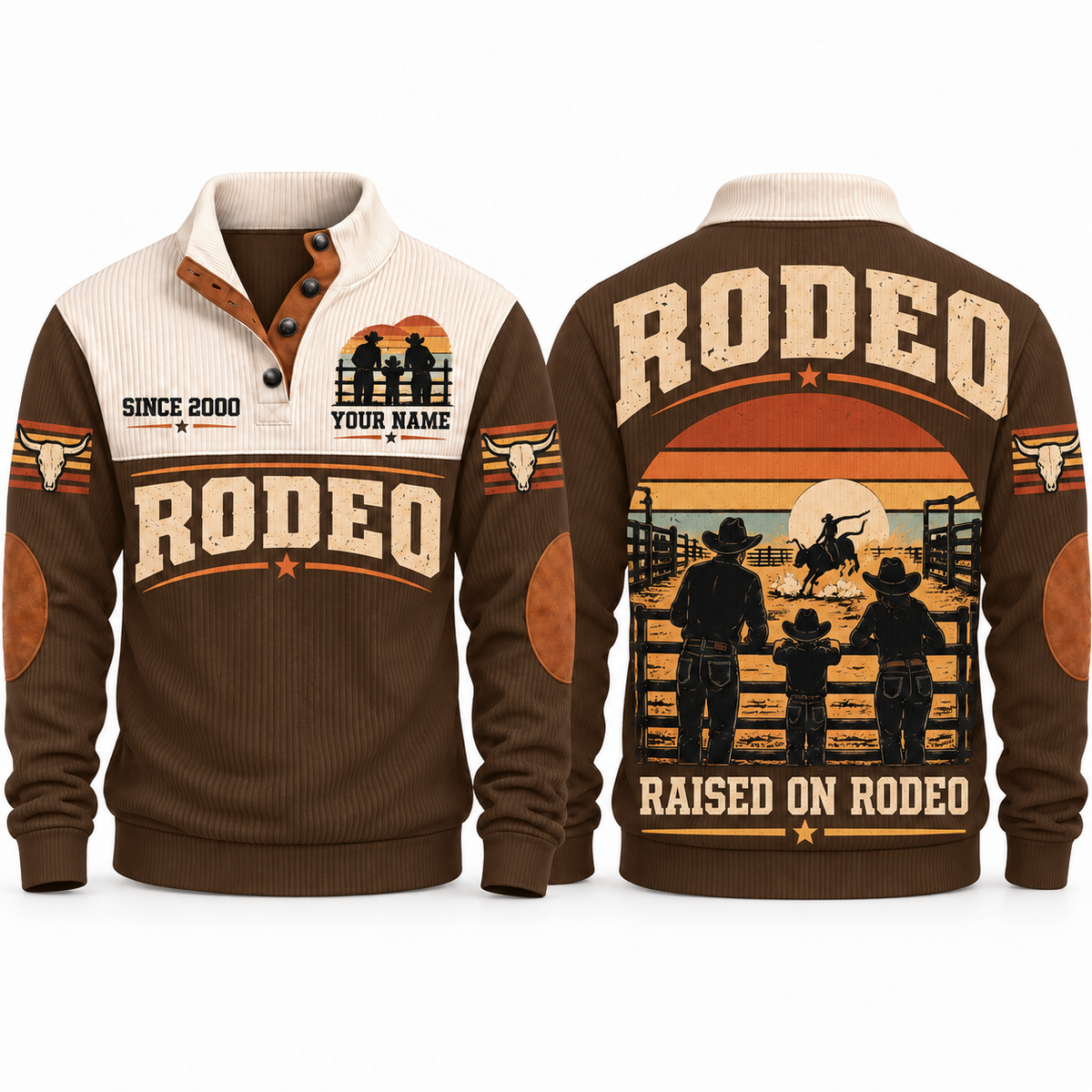 Raised on Rodeo personalized bull riding rodeo sports sweatshirt in Brown – RDO03