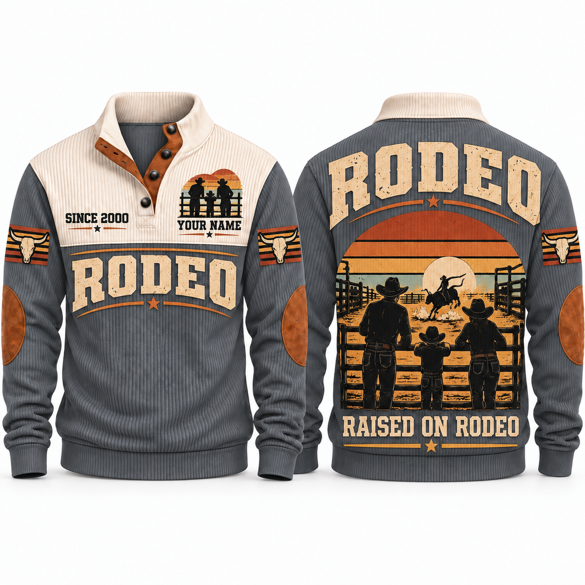 Raised on Rodeo personalized bull riding rodeo sports sweatshirt in Grey – RDO03