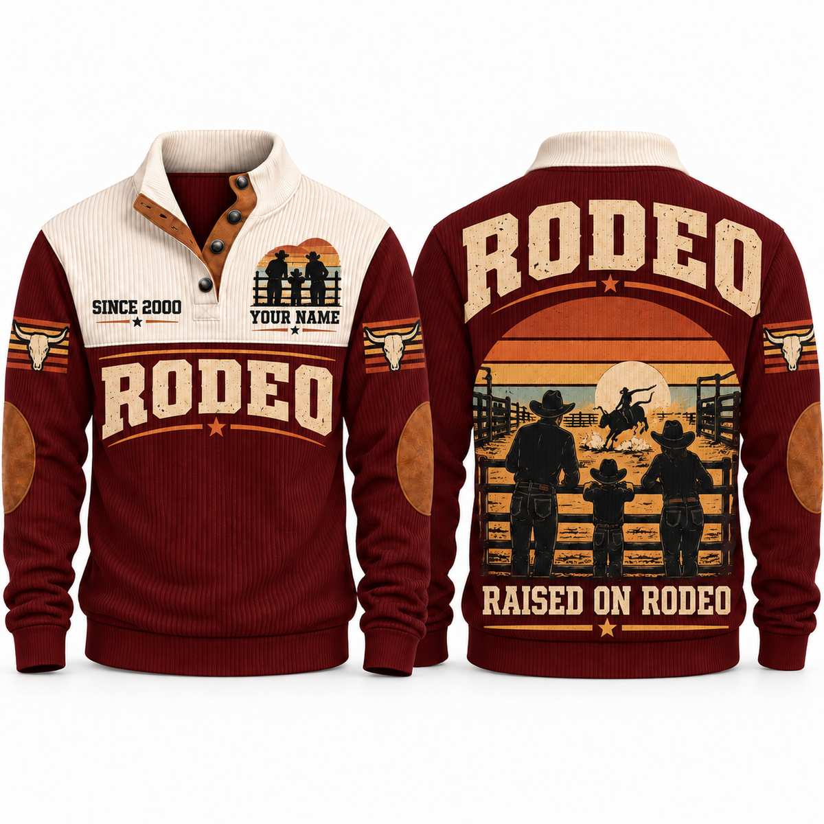 Raised on Rodeo personalized bull riding rodeo sports sweatshirt in Jujube Red – RDO03
