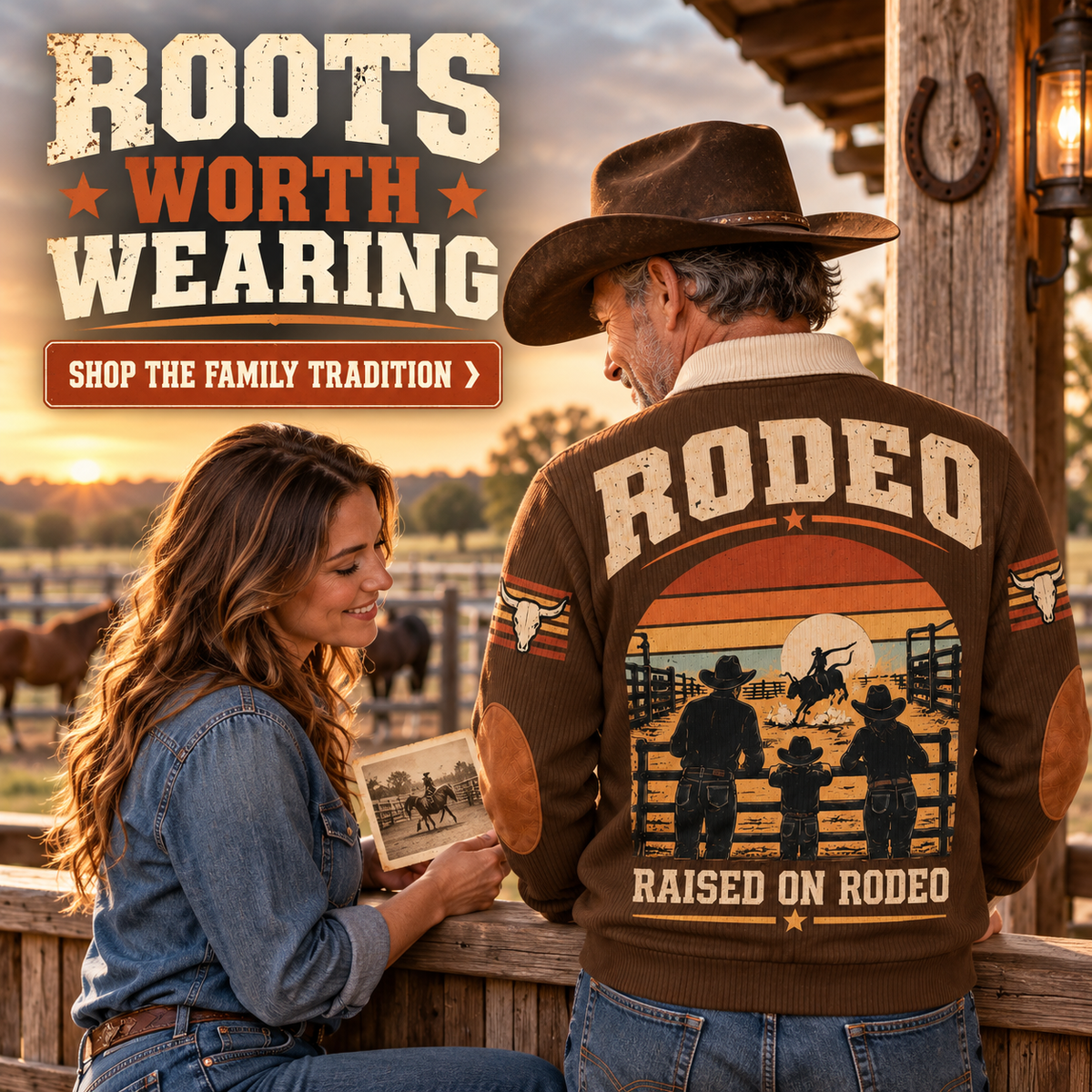 Raised on Rodeo | Bull Riding / Rodeo Personalized Sports Sweatshirt lifestyle mockup in Brown