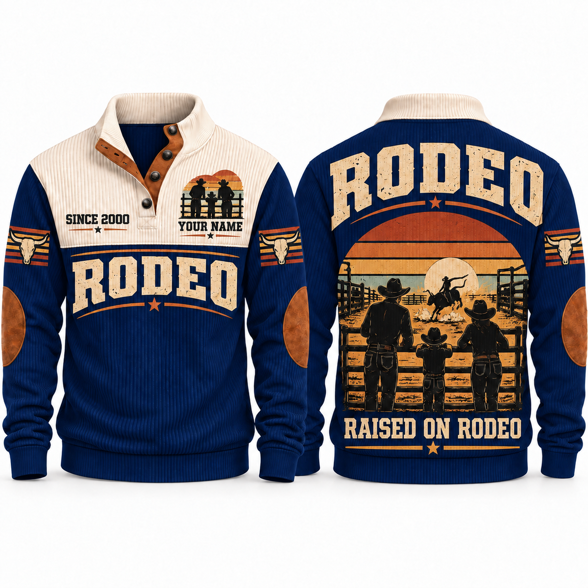 Raised on Rodeo personalized bull riding rodeo sports sweatshirt in Navy – RDO03